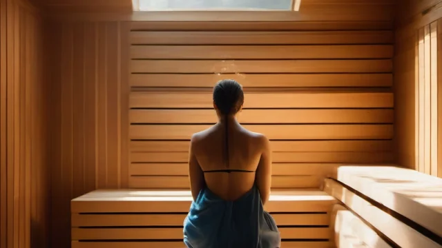 Sauna interior, steam, peaceful person