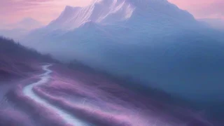 Mountain vista at dawn, mist, snow-capped peak, winding path