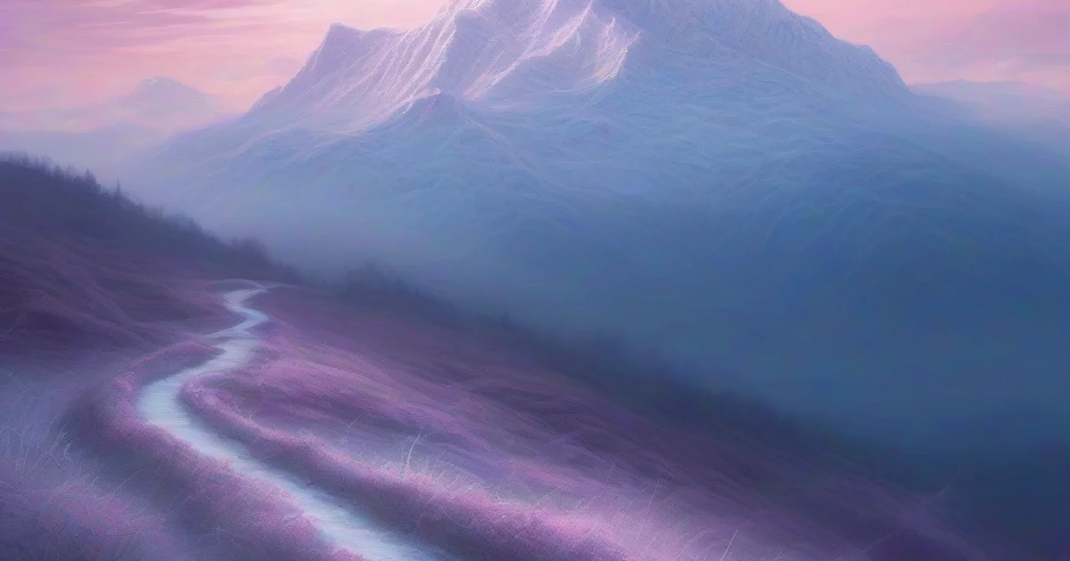 Mountain vista at dawn, mist, snow-capped peak, winding path